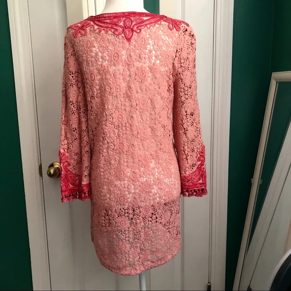 Calypso St. Barth’s tunic dress, peach/coral embroidered sequin & tassels S